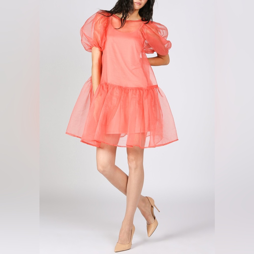 Beulah TAN Fine Organza Mini Dress w/Slip, Size s Dress Size M New w/Tag $168